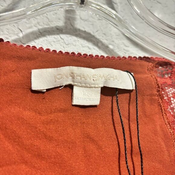 NWOT Jonathan Simkhai Silk V-Neck Blouse XS Brown Long Sleeve Ruffle Lace Detail - Picture 8 of 10